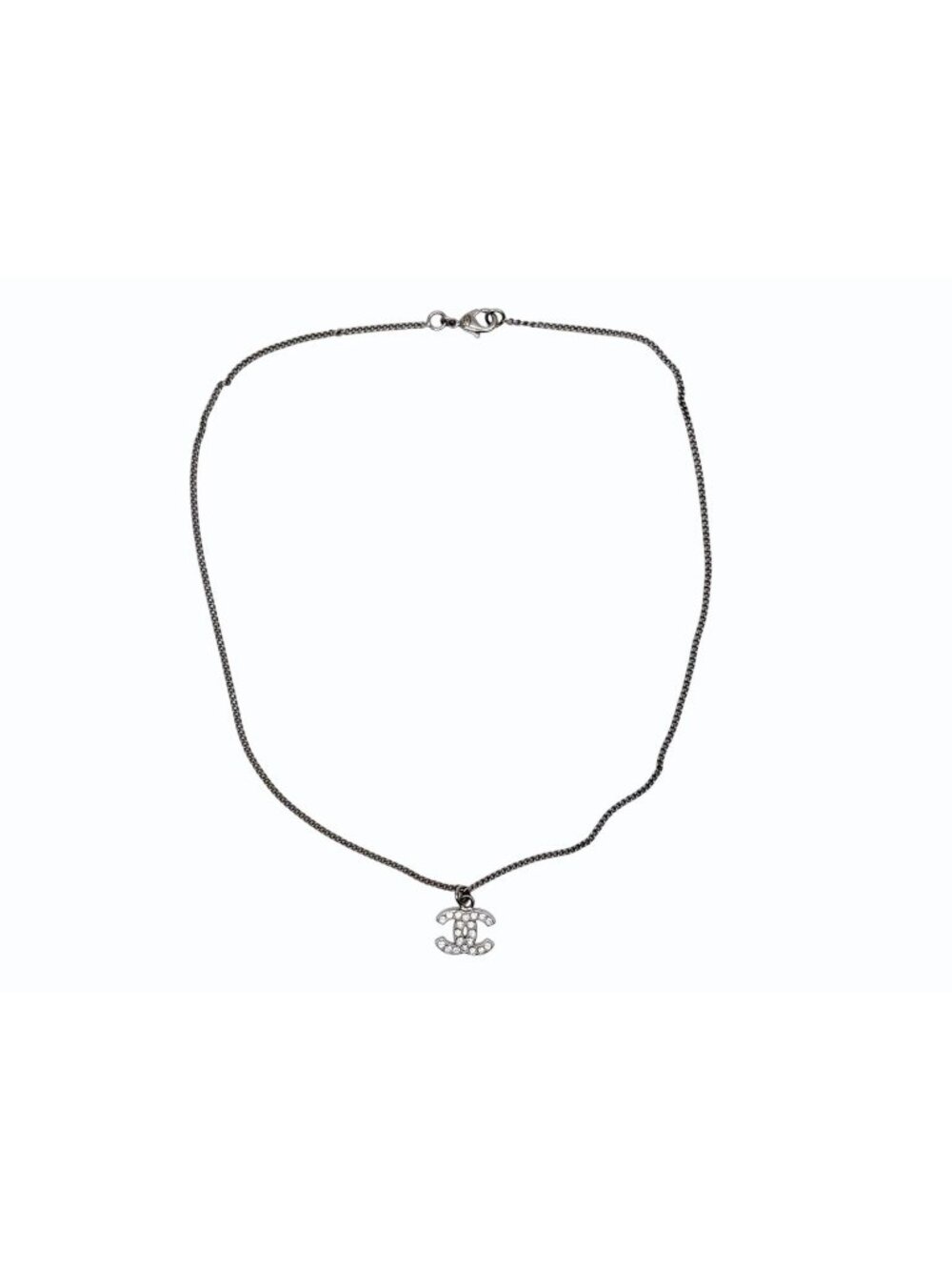 Chanel CC Logo Necklace 11 44 Rhinestone Metal Clear Silver